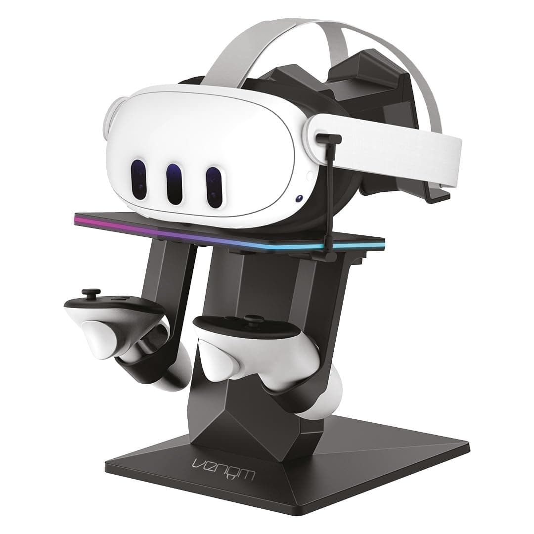 Venom RGB Charging Stand for Meta Quest 3S, Quest 3, Quest 2 & Quest Pro | USB-C Headset Charger & Display Stand with 7-Colour Lighting | VR Storage for Headset & Controllers | vr charging stand, USB-C headset charger, RGB display stand, 7 colour lighting, headset and controller storage