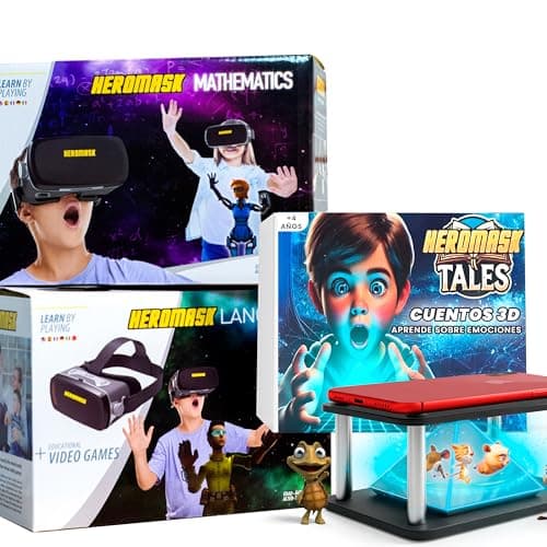 Heromask 3-in-1 Educational Bundle – Languages, Maths & Stories in VR and Holograms | 2-in-1 Set with VR Headset + Hologram Pyramid | Unique Gift for Kids Aged 5–12
