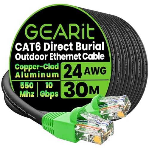 GEARit Cat6 Outdoor Ethernet Cable (30 Meters) CCA Copper Clad, Waterproof, Direct Burial, In-Ground, UV Jacket, POE, Network, Internet, Cat 6, Cat6 Cable - 30m