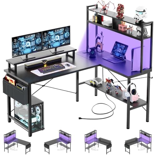 iSunirm L Shaped Gaming Desk with Power Outlets & LED Lights, Small L- Shaped Computer Corner Desk with Monitor Stand & Storage Shelf, Gaming Table with Storage Bag, Black