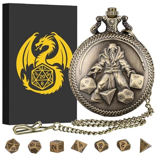 Mini DND Dice Set, Hand held Dice Wizard Pocket Watch Shell Case, 7 Piece Polyhedral Metal D&D Dice Set, DND Gifts with Gift Box, Role Playing Board Game Accessories, Bronze