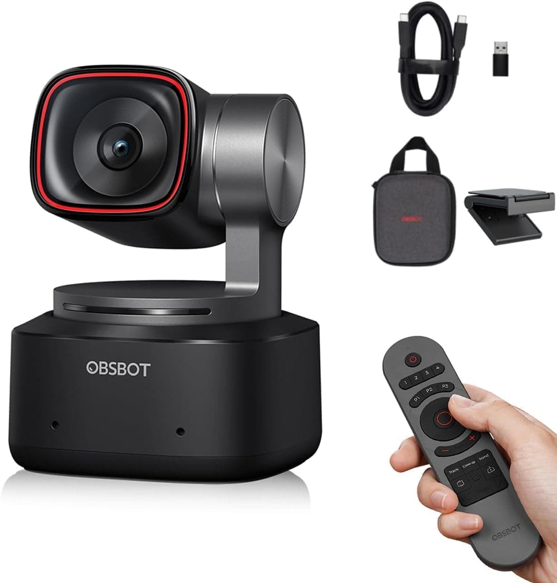 OBSBOT Tiny 2 AI-Powered PTZ 4K Webcam 1/1.5" CMOS 4X Faster Focusing USB 3.0 10x Faster Data Transmission Voice Control, With Tiny Smart Remote 2