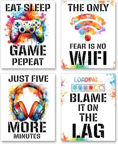 Kepuarm 25 * 10cm 4Pcs Framed Watercolor Video Game Theme Canvas Wall Art Watercolor Gaming Themed Picture Wall Decor Prints Poster for Office Home Wall Decor Colorful Modern Artwork (White)