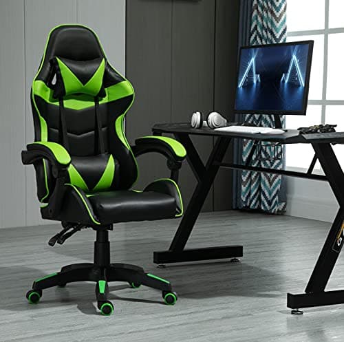 mcc direct Swivel Faux Leather Office Chair Racing Sports Gaming Tilt Computer Desk Chair with Headrest & Lumbar Cushion A (Green)