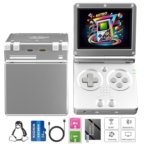 RG35XXSP Handheld Game Console RG35XX SP Clamshell Retro Game Console with 64G TF Card Preloaded Games 5532 Portable Gaming Console with 3.5 inch Screen 3300mAh Battery 5G WiFi Bluetooth HD Silver
