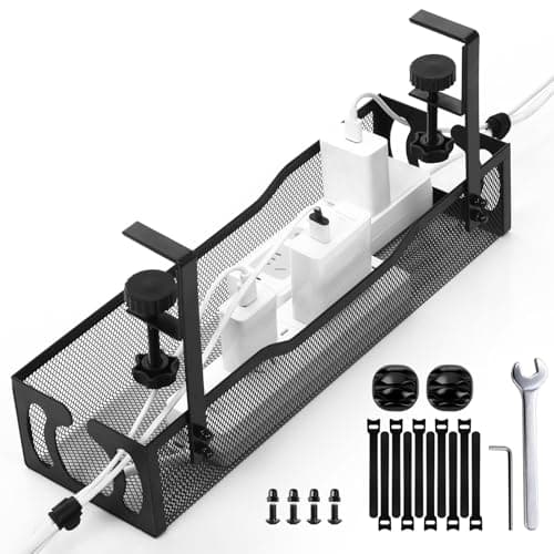 Under Desk Cable Management Tray, 40cm(15.7") No Drill Metal Mesh Cable Management Tray with Clamp Mount, Black Wire Management Tray for Home, Office, Kitchen