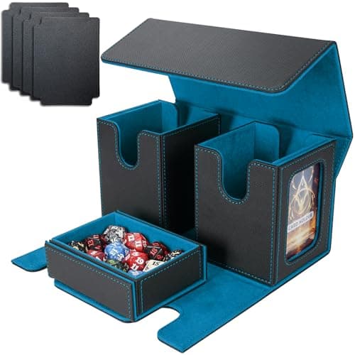 AFIING MTG Commander Card Box, 3-in-1 Card Storage Box for 200+ Double Sleeved Cards, Magnetic Deck Box with Commander Window, Cube Box & 4 Dividers, for Magic TCG CCG Black Cyan