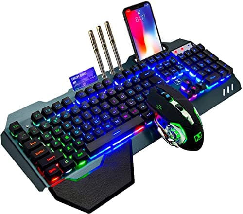2.4 GHz Wireless Gaming Keyboard Mouse Set,USB-Receiver Mechanical Feel Rainbow Backlight Rechargeable 3800mAh Battery Keyboard Detachable Palm Rest +7 Colors LED Gaming Mouse for PC Writers/Gamers