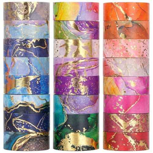 Ieebee Gold Washi Tape Set - 24 Rolls Metallic Foil Marbling Washi Tape, Decorative Washi Tapes for Junk Journal Supplies, Bullet Journal Supplies, DIY Crafts, Scrapbooking, School Supplies