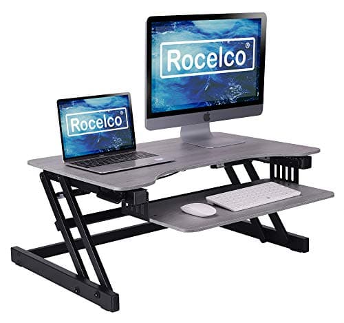 Rocelco 81cm Standing Desk Converter with Retractable Keyboard Tray, Dual Gas Spring Height Adjustable Sit-Stand Workstation Riser for Two Monitors and a Laptop, Grey (R ADRG)