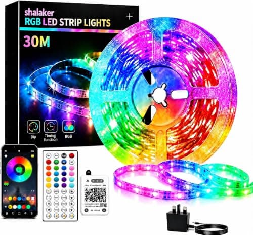 shalaker RGB LED Strip Lights, 30M, Colour Changing, Smart Bluetooth App and Remote Control, Music Sync, for Bedroom and Room Decor (30M)
