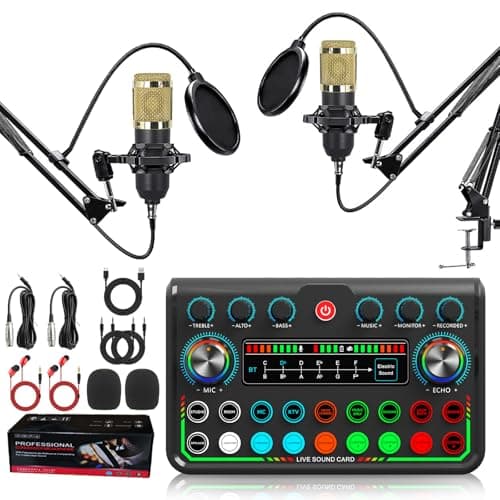 Podcast Equipment Bundle,Streaming Microphone Podcast Starter Kit with Sound Card & DJ Mixer for PC/Laptop/Phone,DJ Set Audio Interface with Voice Changer for Live Streaming,Podcasting,Singing