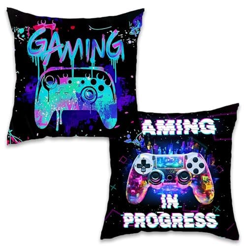 Gamer Gifts for Boys, 2PCS Gaming Pillow Covers For Player,45x45cm Watercolour Graffiti Gaming Cushion Covers Gamer Decorative Accessories for Room,Throw Pillow Cases For Couch Sofa Office Bedroom (D)