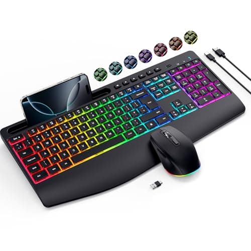 Ergonomic Wireless Keyboard Mouse Combo RGB Backlit, Silent/Rechargeable