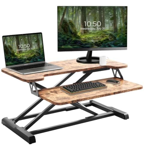 PUTORSEN Standing Desk Converter with Height Adjustable 32 inch Stand Up Desk, Ergonomic Sit Stand Dual Monitor and Laptop Riser Tabletop Workstation Rustic