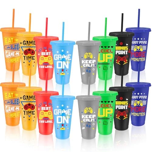 MSYU 16 Pcs Video Game Cups with Lids and Straws, 24 oz Plastic Drinking Cup Gaming Party Cups Bulk Reusable Tumbler for Fun Video Gamer Party Favor
