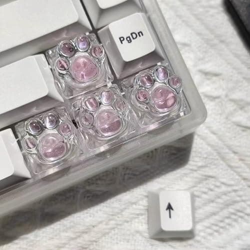 Evlkuen Cat Paw Keycaps, 4pcs Resin Artisan WASD Arrow Esc Keycap, Cute Kawaii Shine Through Keycaps (Pink)
