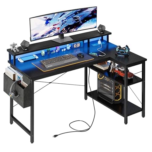Grandder L Shaped Desk with LED Lights & Power Outlets, 120 cm Gaming Desk with 2 Shelves, Computer Table with Monitor Stand, Home Office, Carbon Black