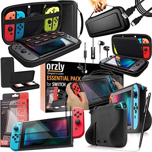 Orzly Switch Accessories Bundle Essentials Pack for Nintendo Switch OLED Case & Screen Protector , Grip Case, Games Holder, Headphones - Classic Black Edition