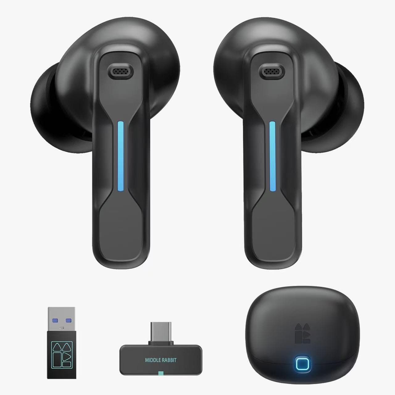 Middle Rabbit SW5 Wireless Gaming Earbuds with Mic, 20ms Low Latency, 2.4G Dongle & Bluetooth 5.4 Dual-Mode USB Headphones, 4 Built-in Microphones, Compatible with PC PS5 PS4 VR Mobile