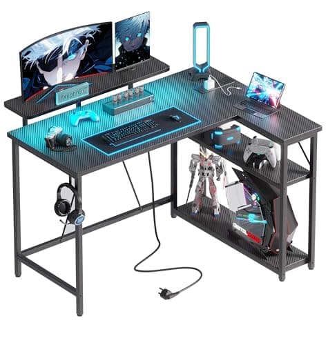 Xyphren L Shaped Gaming Desk with RGB LED Lights & Power Outlets,Corner Computer Desk with Adjustable Shelves, Small Office Desk for Study Workstation, 100x80 cm, Carbon Black