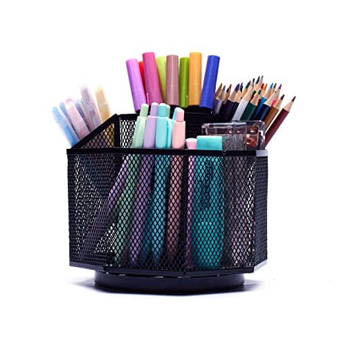 EXERZ Desk Organiser 360 Rotating Pen Holder 5 Compartments Caddy Black