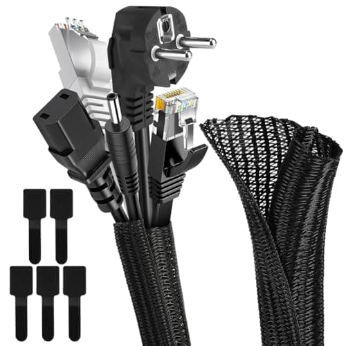 Adiwo 10ft - 1/2 inch Self-Reeling Braided Cable Sleeve, Cord Protector, Wire Loom Tubing with 5 Self-Adhesive Cable Ties, Prevents Animals from Chewing Cables, for TV, PC, Cable Management (Black)