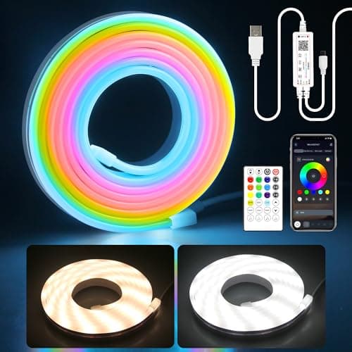 Aclorol 5V 2M RGB IC LED Strip Light 2700K-6500K Tunable USB Neon Rope Light IP65 Waterproof Music Sync with APP Remote Control for Bedroom Living Room Gaming Room Home and Outdoor Decor 108D/M CRI90+