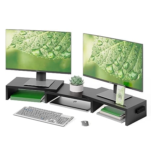 BONTEC Dual Monitor Stand Riser, Stepless Adjustable Length & Angle, Black