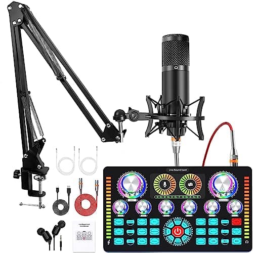 Podcast Equipment Bundle,Audio Interface and XLR Condenser Microphone, Studio Equipment with 48V Phantom Power, Bluetooth for Podcast, Streaming, Voice Over, Singing, PC, Smartphone