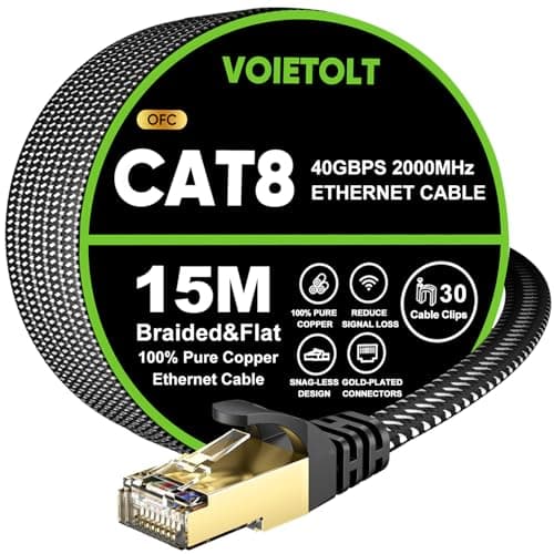 VOIETOLT Cat 8 Ethernet Cable 15M, High-Speed 40Gbps/2000Mhz Flat Braided Internet Cable, Gigabit STP RJ45 Network Cable Compatible for PS4/5, for Modem, PC/Laptop