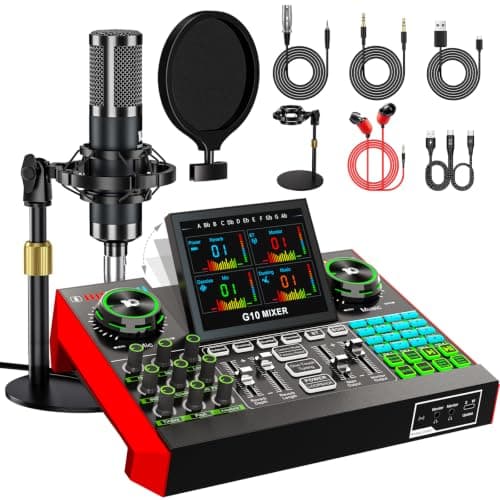 TENLAMP G10 Podcast Equipment, Audio Interface with Soundboard Effects, 3.5mm Condenser Mic Kit, Desk Stand, Zero-Latency Hardware Pitch Correction, Noise Reduction, Monitoring, for Streaming, Gaming