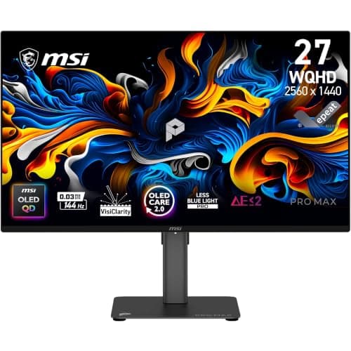 MSI PRO MAX 271QPX14G 27-Inch WQHD 2560x1440 Tandem QD-OLED Monitor, 144Hz, 0.03ms, Panta Tandem, VisiClarity, M-color sync, Adaptive Sync, OLED Care 2.0, PIP/PBP, EyesErgo, USB C (15W PD)