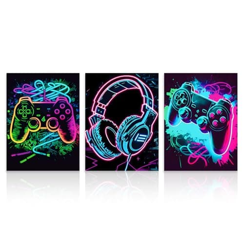 Dazzlewall 3Pcs Retro Neon Gaming Wall Art Set, Line Art Controller Headphone Posters for Teen Bedroom Game Room Decor 12x16 in Unframed
