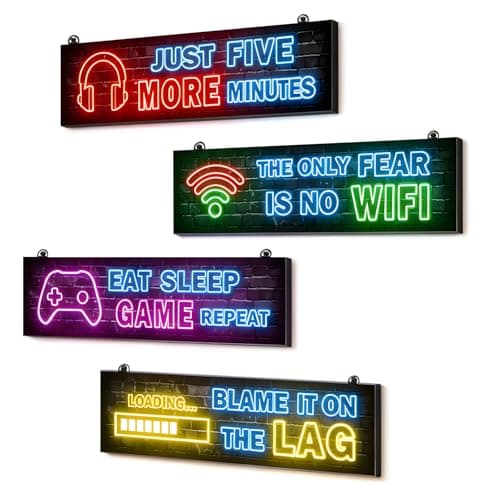 Orsefeliy 4Pcs Game Posters Set, Wood Game Posters for Bedroom, Neon Gaming Wallpaper, Funny Gamer Wall Art, Gaming Room Accessories for Boys Playroom, Living Room & Bedroom Decor