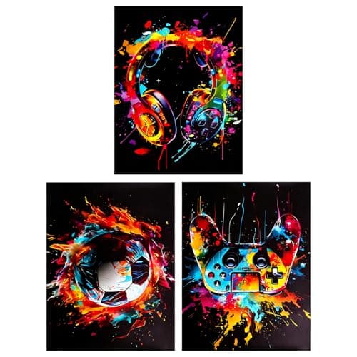 VOSSOT 3 Pcs Football & Gaming Wall Art Prints,Unframed 12x16 inch Graffiti Posters Featuring Headphones Gamepad and Ball - Cool Wall Art for Teenage Boys Bedroom, Playroom or Gamer Zone