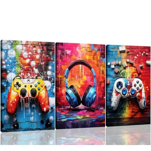 TANWYTQFAEH Framed Gaming Posters Wall Art Decor Watercolor Colorful Neon Gamepad Canvas Painting Pictures Prints for Boys Room Kids Cool Game Bedroom for Boys Decoration (color A, 30x40 cm, Framed)