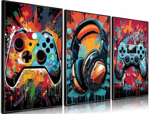 3Pcs Cool Gaming Wall Art Retro Video Game watercolor Posters Pictures Colorful Neon Gamepad Canvas Painting Prints for Boys Room Kids Game Room Bedroom for Boys Home Decoration 16x24in Unframed