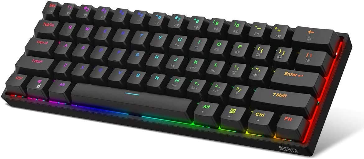 DIERYA DK61E 60% Mechanical Gaming Keyboard,Gateron Optical Switch RGB Backlit Wired PBT Keycap Waterproof Type-C Mini Compact 61 Keys Computer Keyboard with Full Keys Programmable（Black switch）