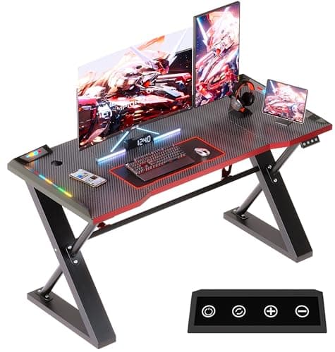 Xyphren 100 * 55 cm Gaming Desk with LED Lights, Gaming Table Thickened Z Shaped, Gamer Desk with Carbon Fiber Coated, Gaming PC Desk, Computer Desk Easy to Assemble, Carbon Fiber Black