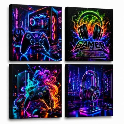 Glyzaen Framed Neon Gaming Canvas Wall Art Set of 4, 30 x 30 cm