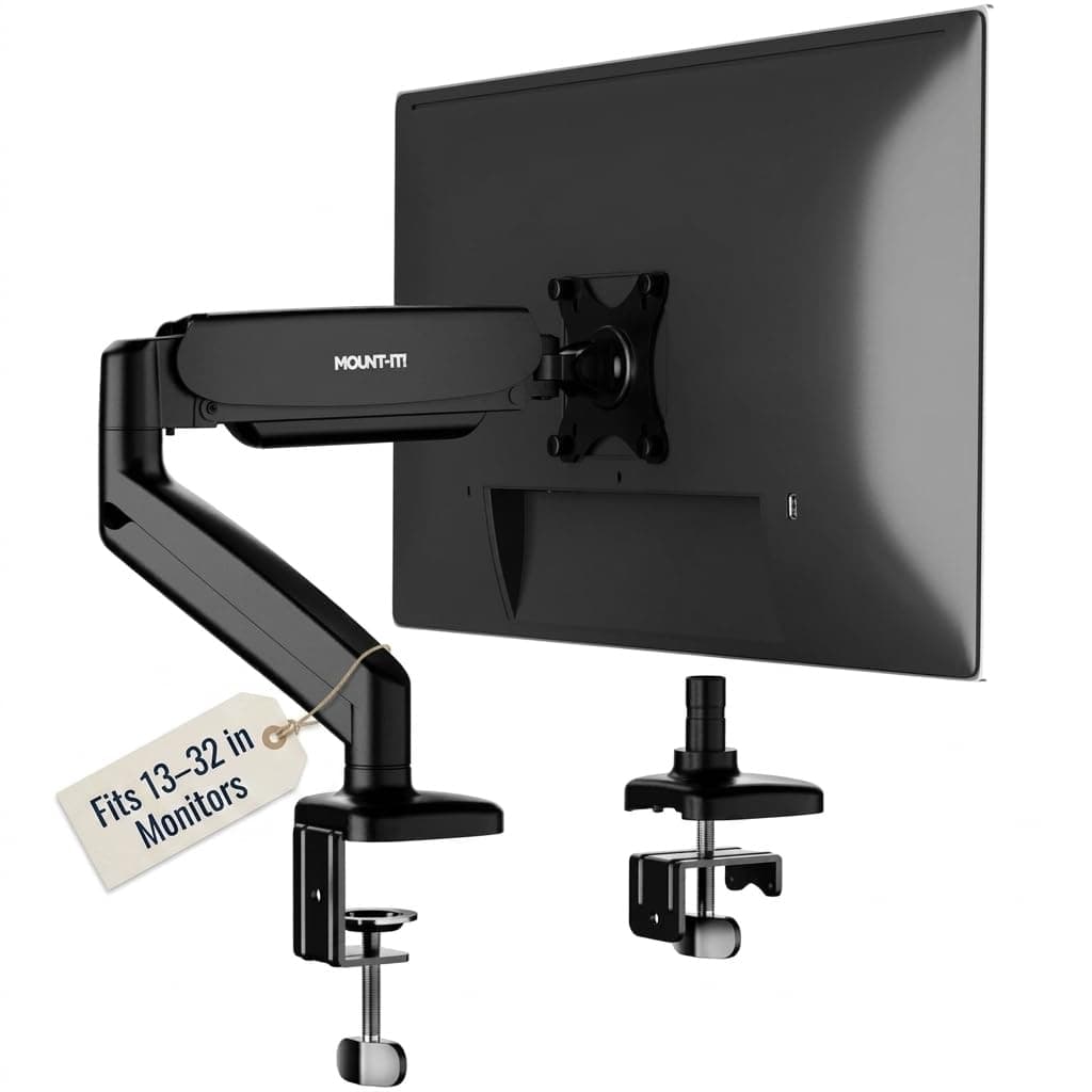 Mount-It! Single Monitor Arm Desk Mount, Gas Spring Monitor Mount, Fits 13–32" Screens up to 17.6 lbs, VESA 75x75 & 100x100, Full Motion Tilt Swivel Rotate, C-Clamp & Grommet Base