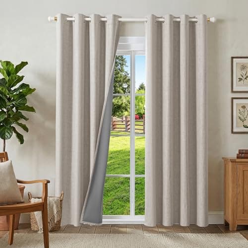 Runyéla 100% Blackout Linen Curtains Eyelet 46 x 72 Inch Drop for Living Room Bedroom Thermal Curtain 2 Panels Greyish White