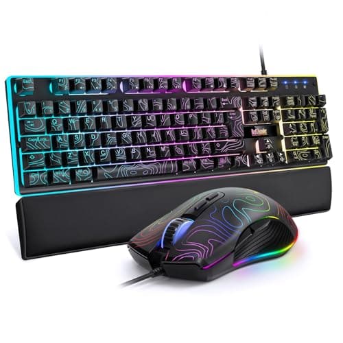 RedThunder K10 Wired Gaming Keyboard and Mouse Combo,UK Layout,True RGB Backlight,Soft Leather Wrist Rest,Ergonomic Anti-Ghosting Keyboard + 7D 7200 DPI Mouse for PC Mac PS5 Xbox(Contour Lines Black)