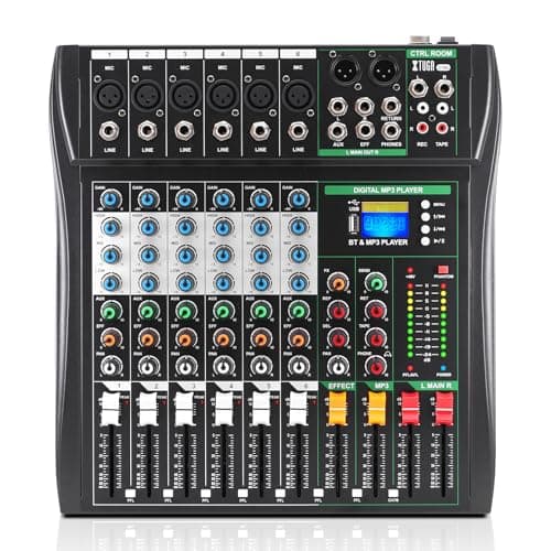 XTUGA 6 Channel Audio Mixer for Computer Recording Sound Control, Sound Board Built-in Digital Effect with 48V Phantom Power, CT60