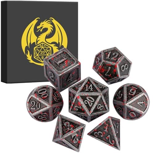 Metal Dice Set, 7pcs Polyhedral Metal DND Dice Set, DND Starter Set, D&D Gifts with Gift box, Role Playing Board Games Accessories, Bloodstained Silver