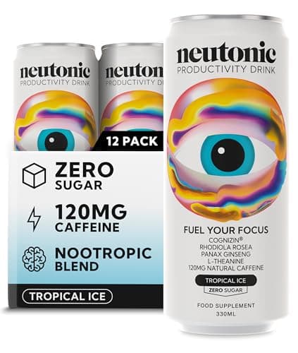 Neutonic Nootropic Productivity Energy Drink | Tropical Ice 12 Cans | 120mg Natural Caffeine, Zero Sugar | Support Energy, Mental Performance, Cognitive Function | Support Focus, Brain Health