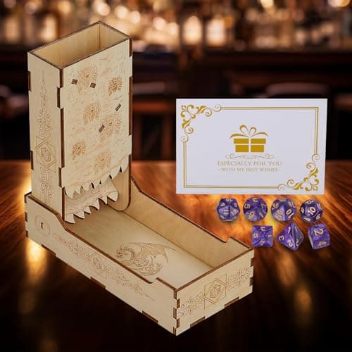 DRMFLE Wooden Castle Dice Tower with 7pcs Purple Polyhedral DND Dice, Portable Wooden Dice Tray, DND Dice Box for Role-Playing, Dungeons & Dragons and Other RPG Tabletop Games
