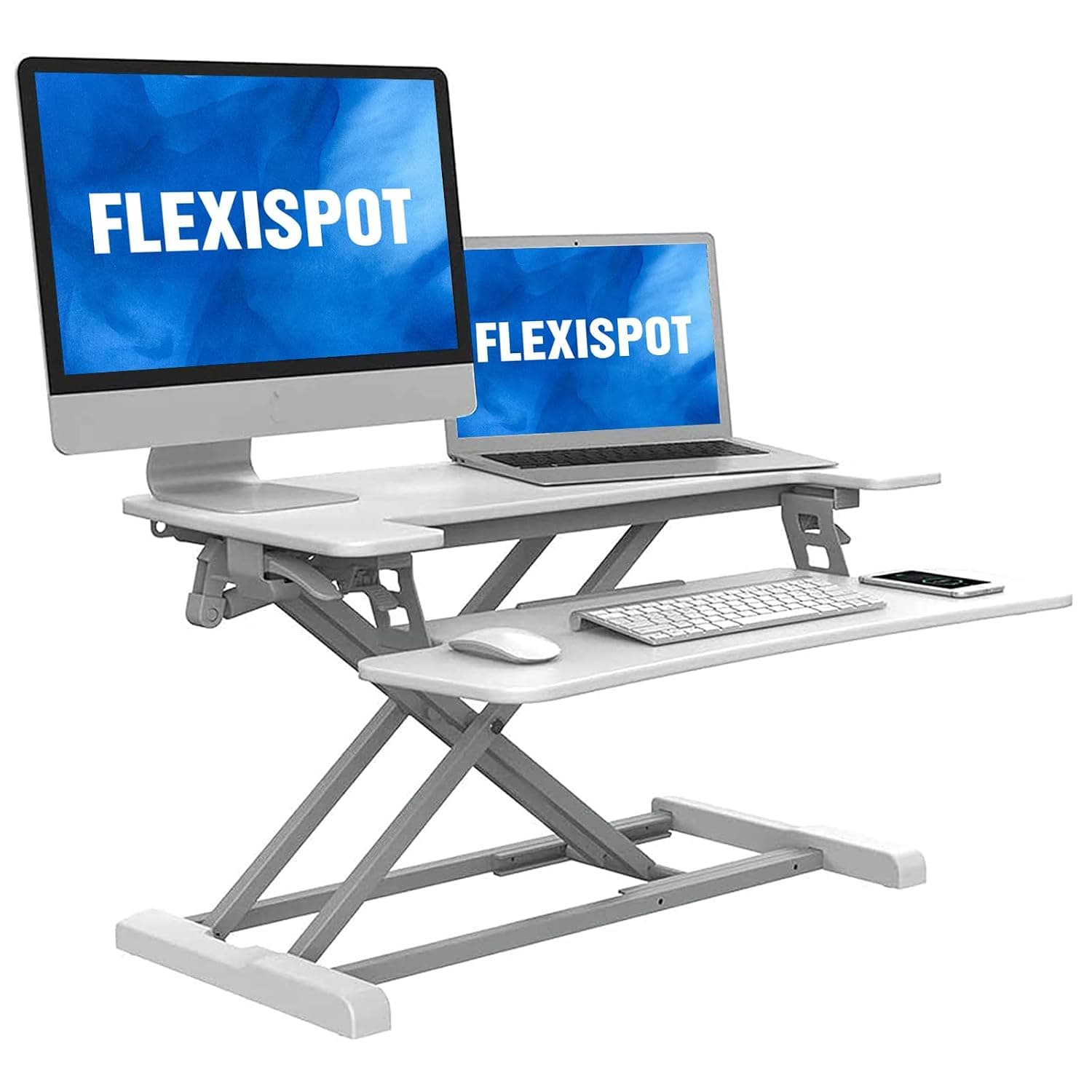 FLEXISPOT Standing Desk Converter 91.5 cm with Wide Keyboard Tray | Height Adjustable Riser, Sit to Stand Dual Monitor and Laptop Workstation, White