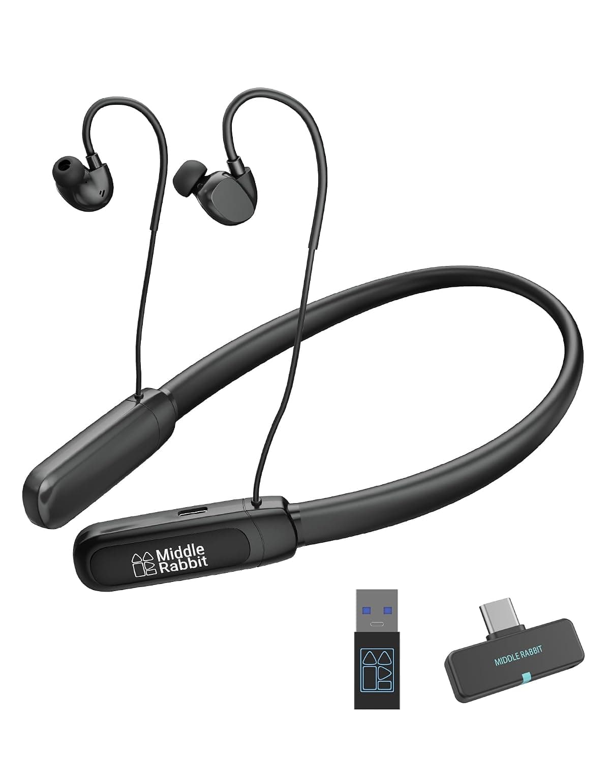 Middle Rabbit Rampage 2 Gaming Earbuds with 2.4G USB Dongle, 20ms Low Latency, Wireless Bluetooth Neckband Headphones for Work & Play, Mic, 32H Playtime, Around-the-Neck, for PS5/PC/Laptop